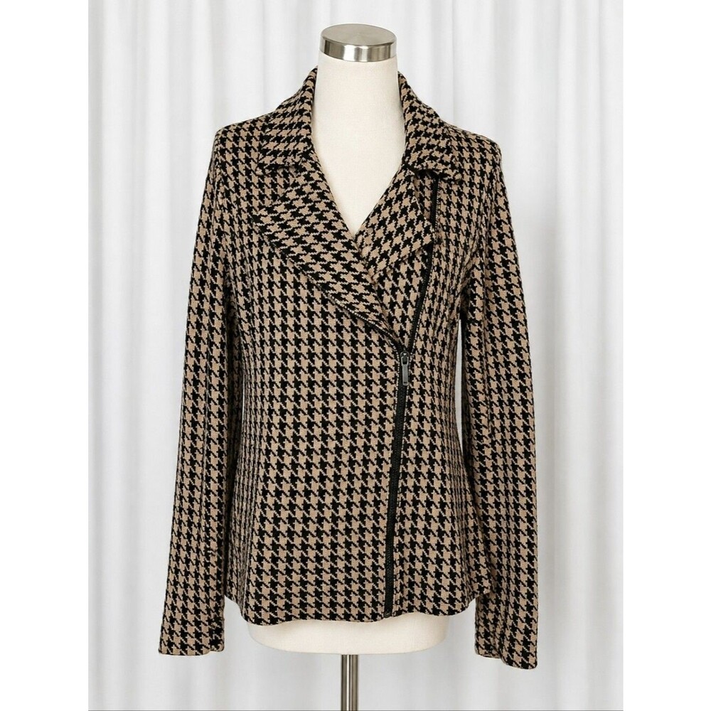 Chaps Classic Tan & Black Houndstooth Asymmetrical Zip Moto Knit Blazer Sweater